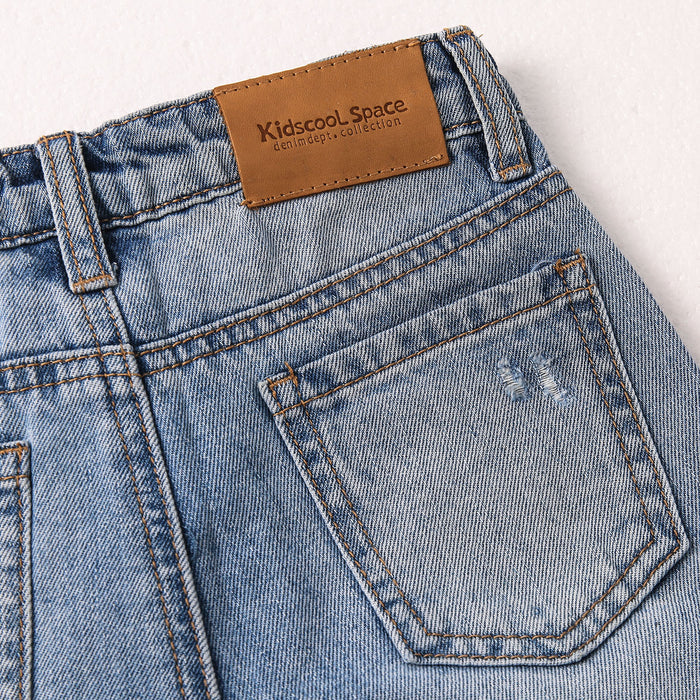 Baby Little Big Girls Jeans,Elastic Waistband Inside Ripped Holes Soft Denim Pants