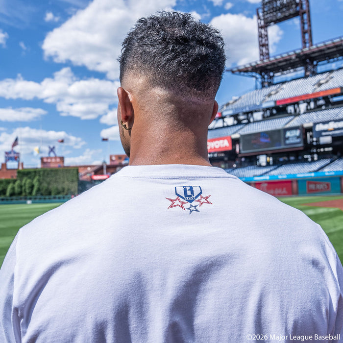Adult model wearing Red, White & Blue graphic tee with "BL101 All-Star Game" design