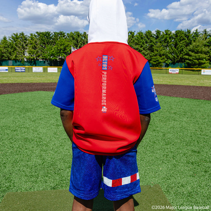 Youth model wearing Red, White & Blue youth shorts with "BL101 All-Star Game" design