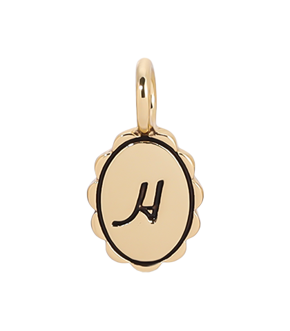 Gold Charm Garden Scalloped Initial Charm with letter H by Lucky Feather, featuring intricate scalloped design and elegant craftsmanship.