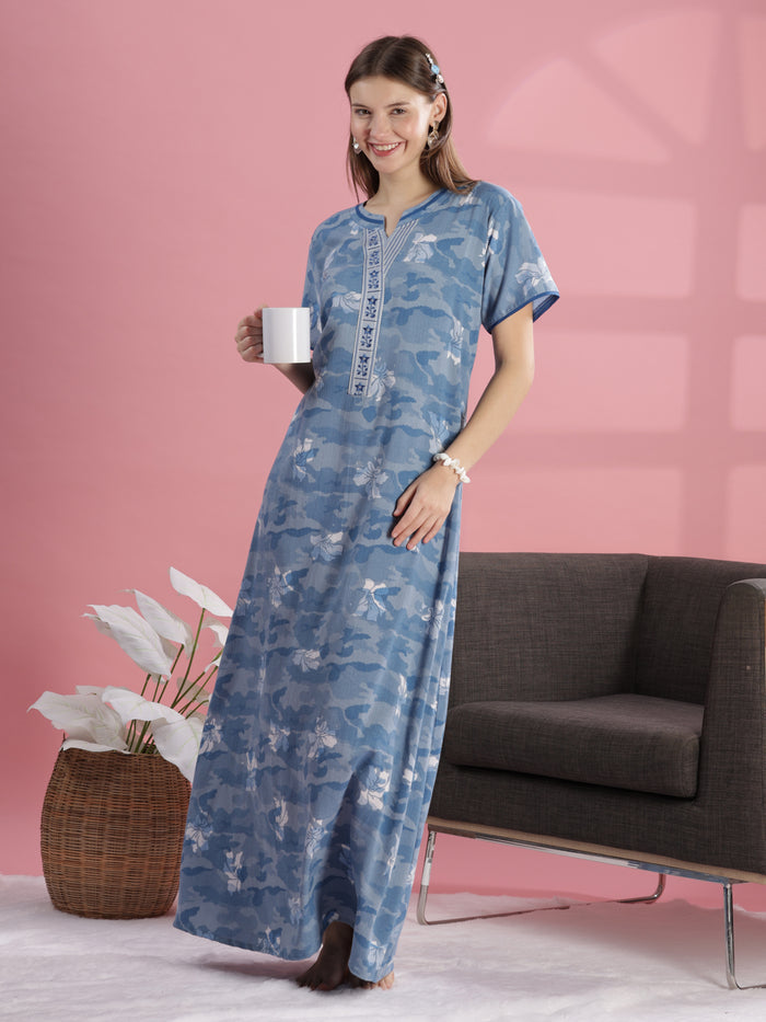 Premium Blue Floral Print Crush Cotton Night dress for Women