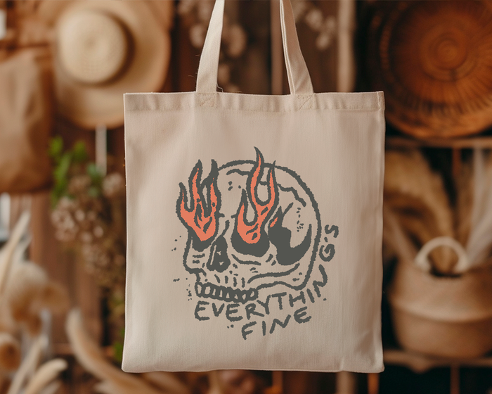 Eleven Fashion skeleton tote bag featuring "Everything Is Fine" text, black fabric with white skeleton graphic, casual bag for everyday use.