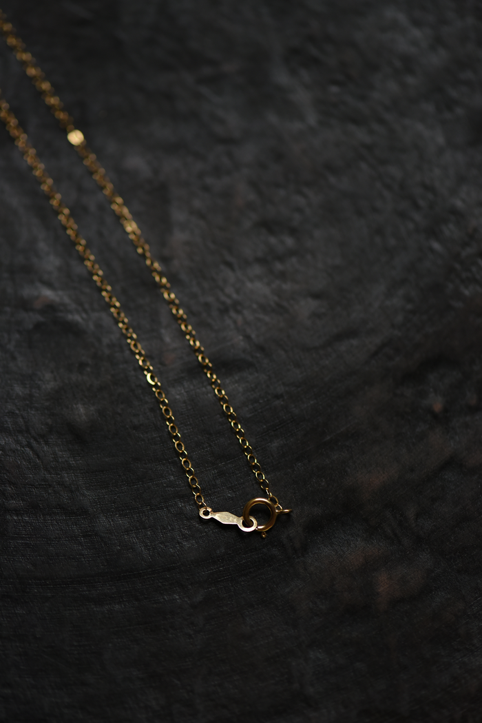 Gold-tone link necklace with clasp and small chain loops on dark fabric