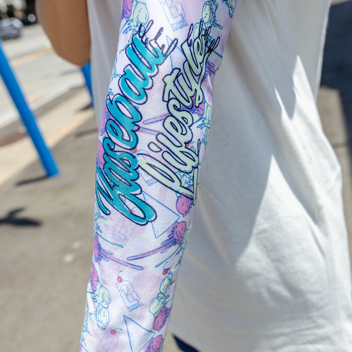 Adult model wearing sleeve with "Fastball Scoops Arm Sleeve" design
