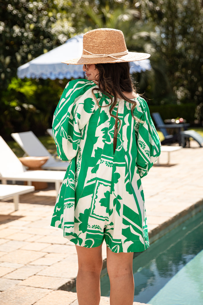 FINAL SALE - Palm Escape Printed Puff Sleeve Green Romper