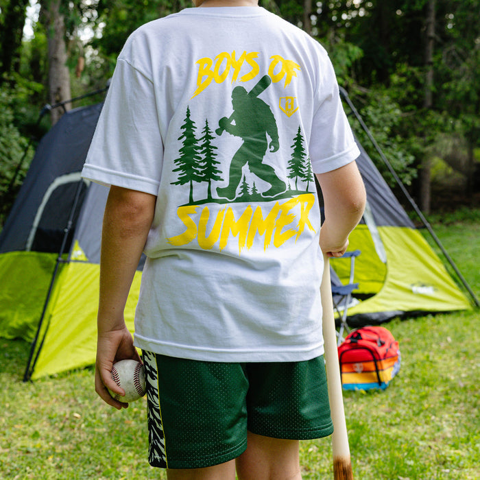 Forest Shorts baseball pine tree gold star campsite bigfoot tents graphic