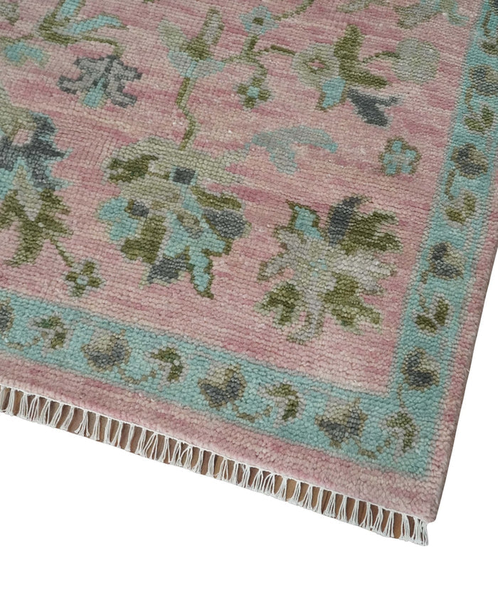 Hand Knotted Pink and Aqua Oriental Oushak Multi Size Traditional Wool Area Rug, Living Room and Bedroom Rug