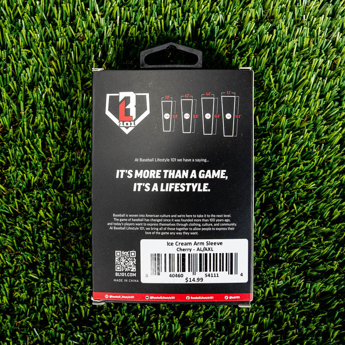 Back of the BL101 arm sleeve retail box on green turf showing size chart brand tagline and Ice Cream Arm Sleeve Cherry barcode label priced at 14.99