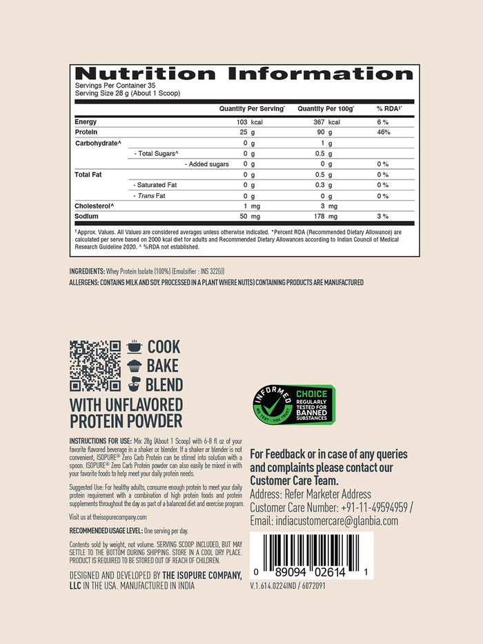 Isopure Zero Carb Whey Protein Isolate Unflavoured Powder (1 kg)