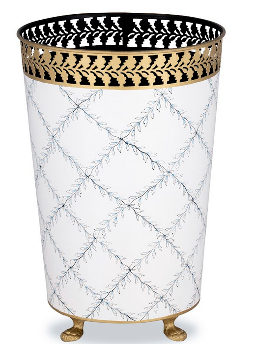 Ivory and Blue Pierced Gold Leaf Tissue Holder or Wastepaper Basket by The Enchanted Home