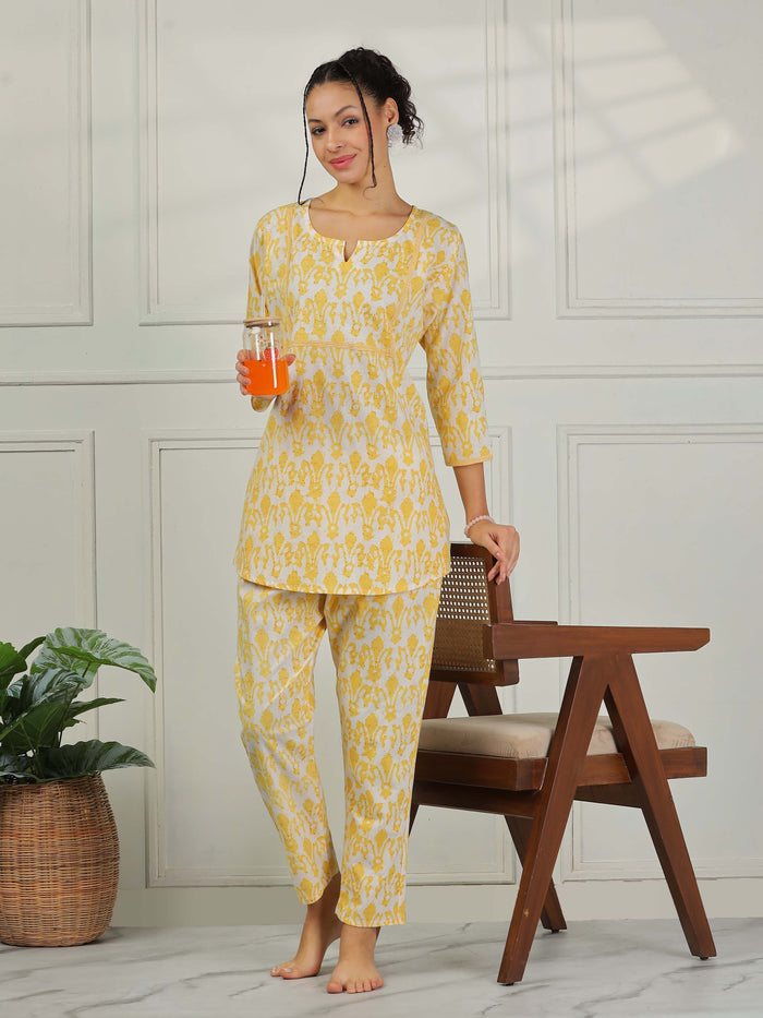 Lavishing Chic Lemon Yellow Cotton Pajama Set for Women