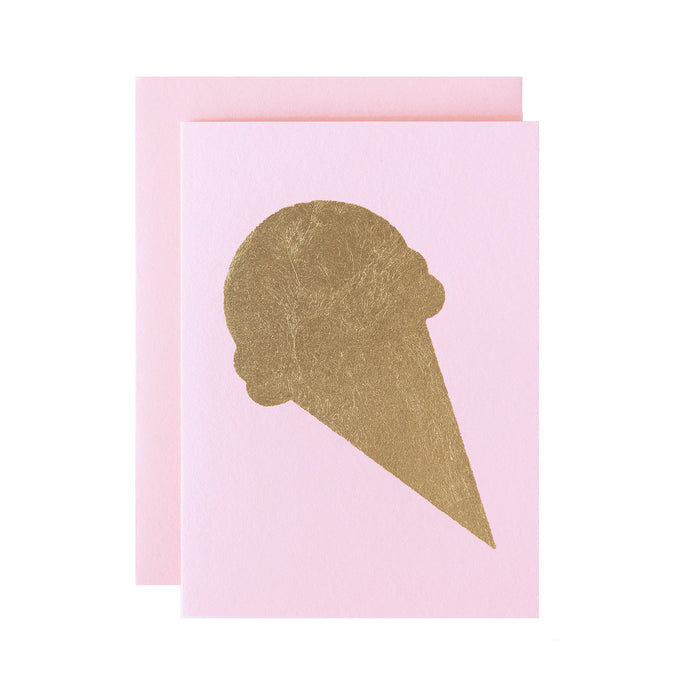 A gold foiled ice cream cone on a light pink card with a matching envelope.