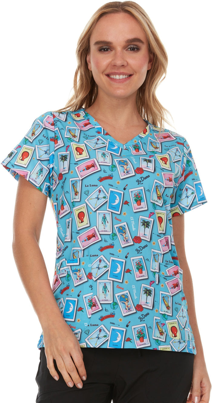 Loteria Don Clemente Isabella La Meceta Printed V-Neck Scrub Top