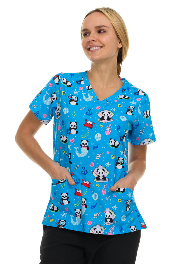 Medichic Kendall Panda Underwater Printed V-Neck Scrub Top