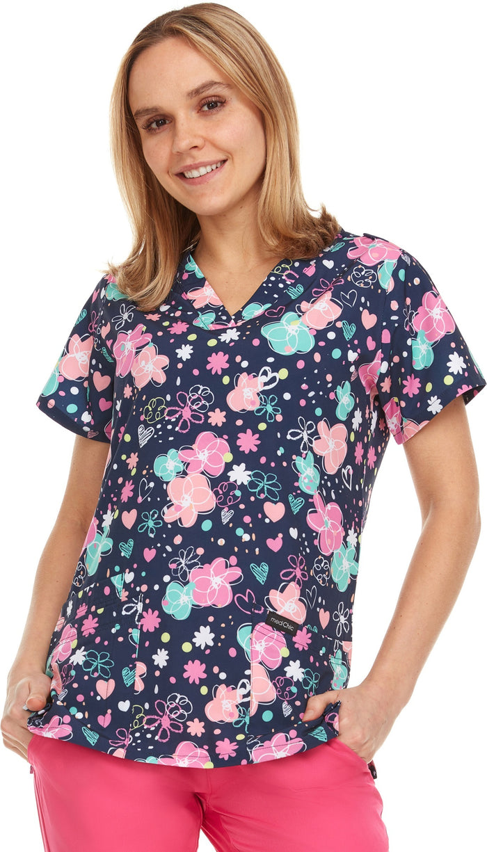 Medichic Naomi Bubble Hearts Printed V-Neck Scrub Top
