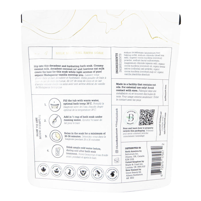 Back of Bathorium Coconut + Bourbon Vanilla Mineral Milk Bath 250g