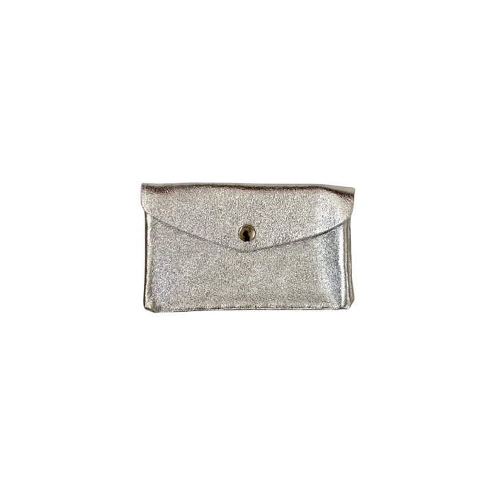 Metallic leather mini wallet with front flap and round button closure