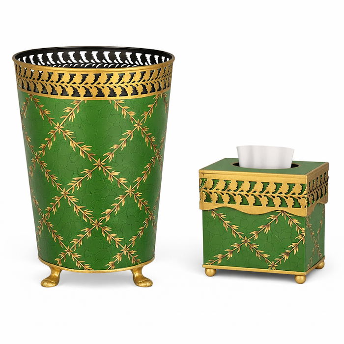 Moss Green and Gold Leaf Tissue Holder or Wastepaper Basket by The Enchanted Home