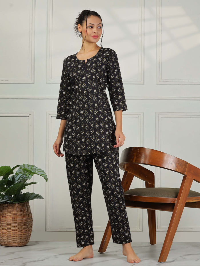 Soft Chic Nature Black Cotton Pajama Set for Women