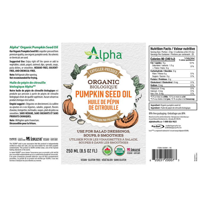 Alpha Pumpkin Seed Oil, Organic 250ml Label