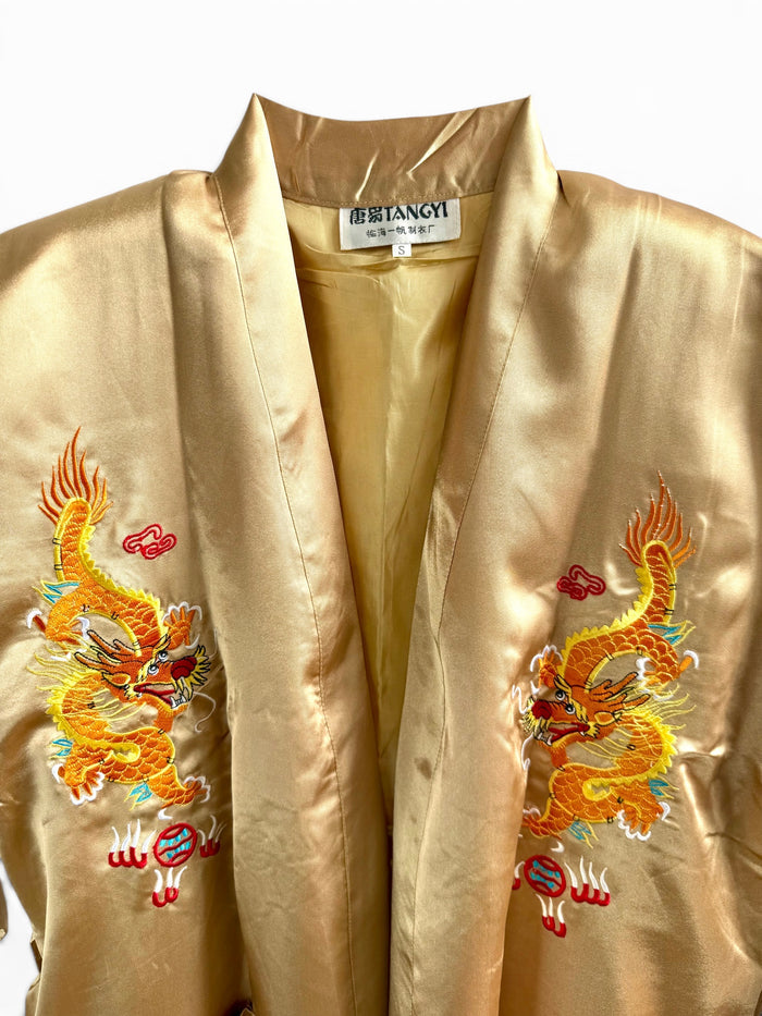 Retro Gold Oriental Kimono with Embroidered Dragon