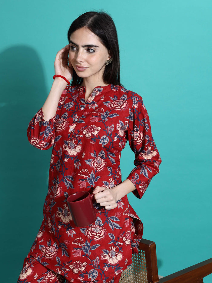 Ruby Red Printed Cotton Pajama Set for Women