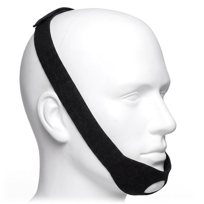 Black headband with chin strap on a mannequin head against a white background