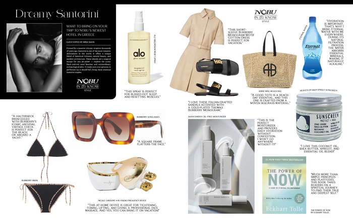 Product advertisement collage with various items including a bottle, sunglasses, and a bag.