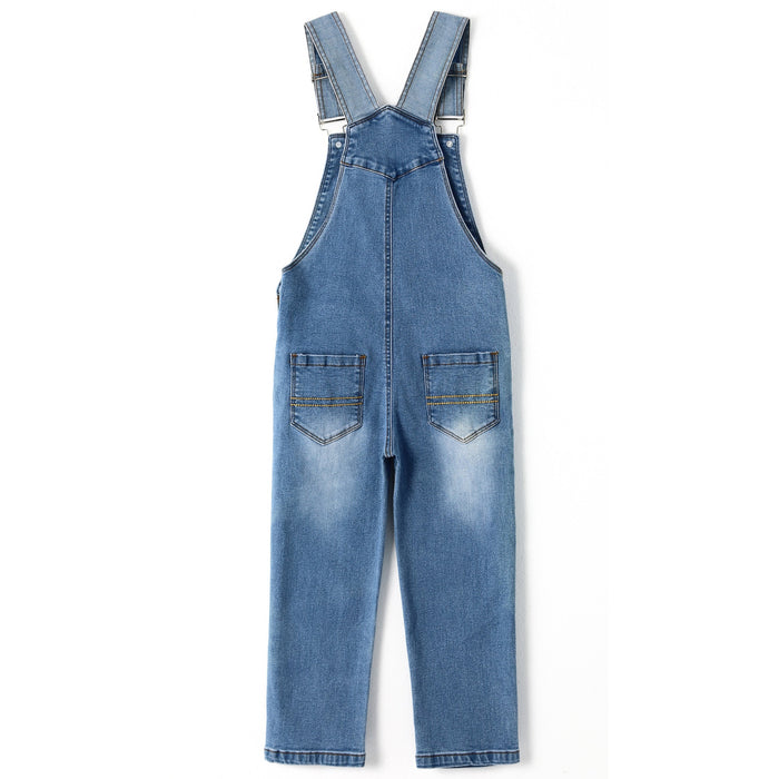 12M-14T Girls Denim Overalls, Elastic Waistband Inside Washed Stretchy Jeans Jumpsuit
