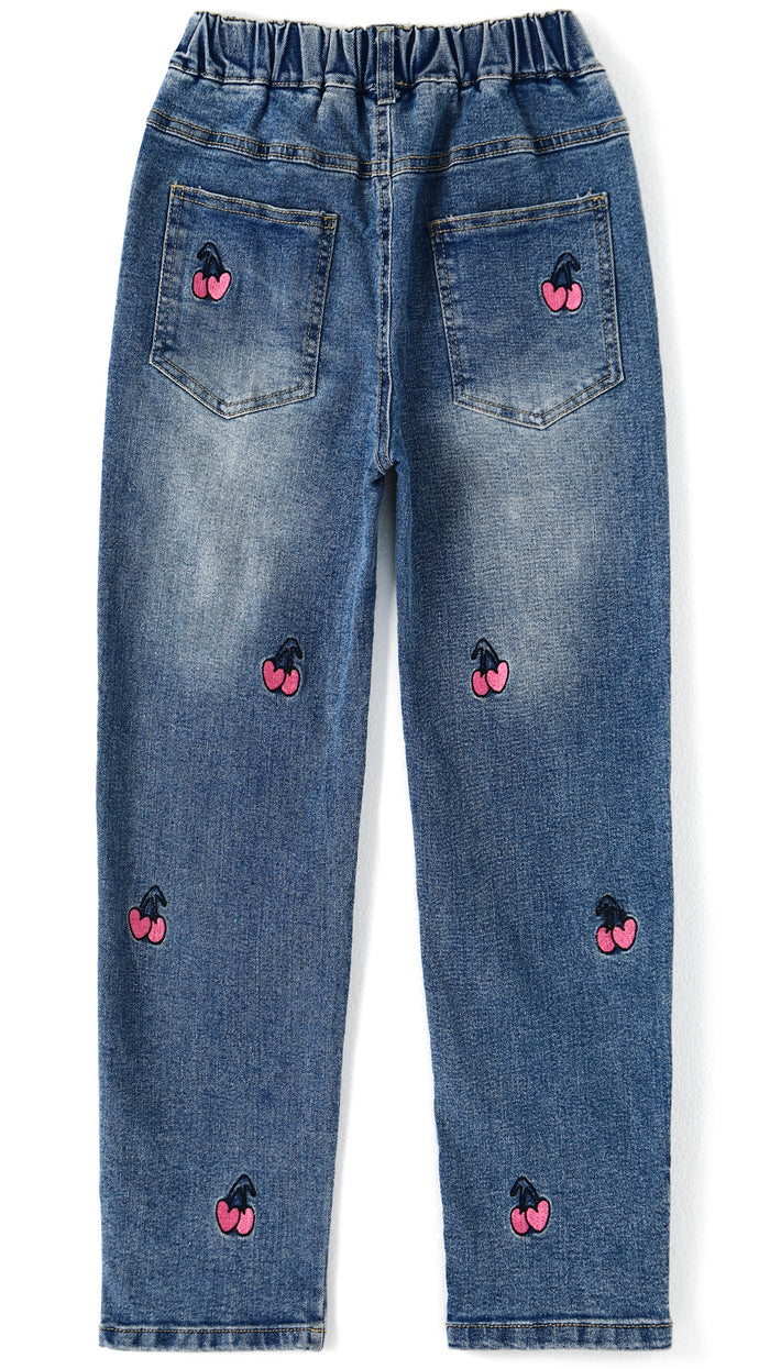 3-13T Girls Jeans, Ribbed Elastic Waist Embroidered Denim Pants