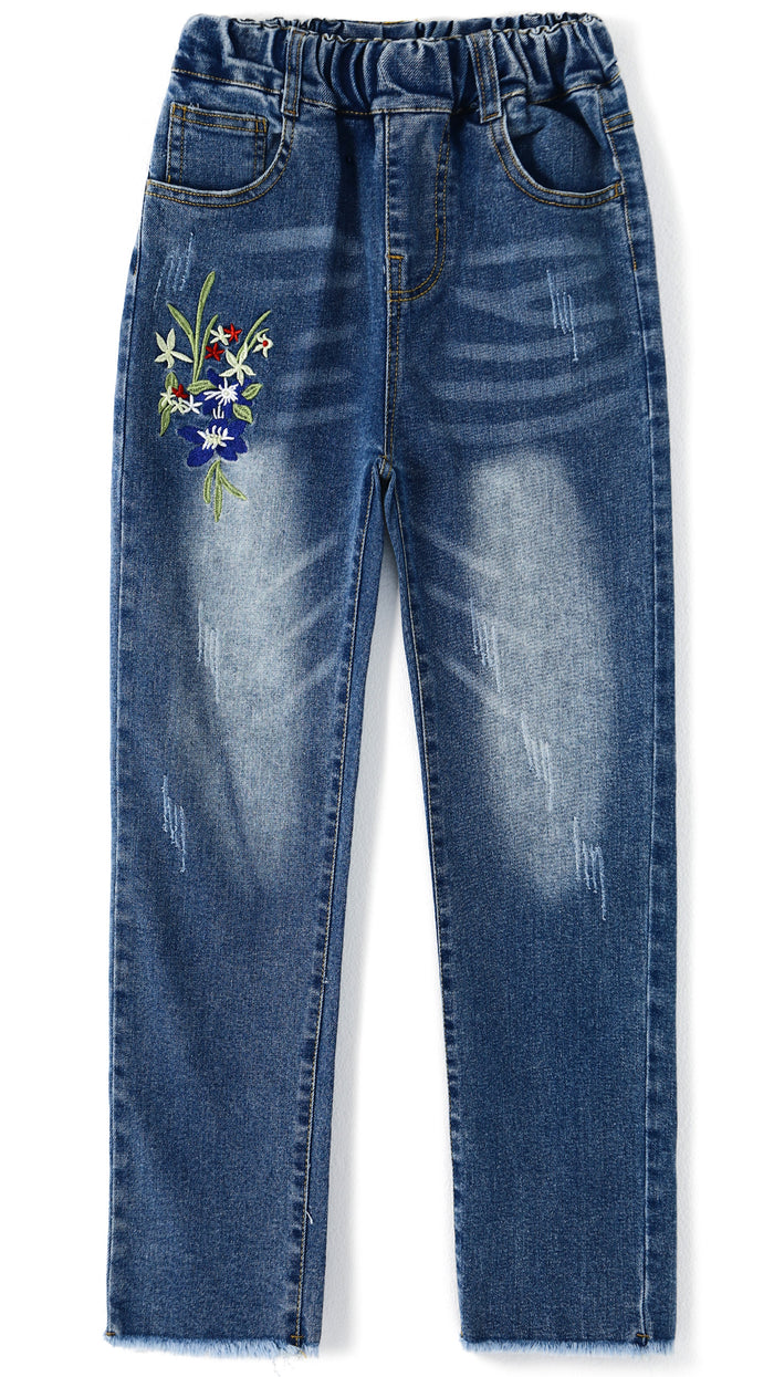 4-12T Girls Jeans, Ribbed Elastic Waist Embroidered Denim Pants