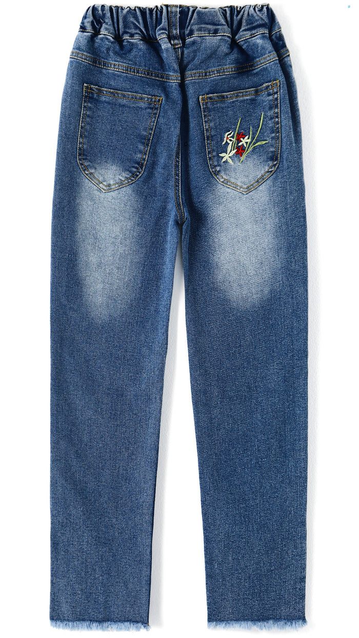 4-12T Girls Jeans, Ribbed Elastic Waist Embroidered Denim Pants