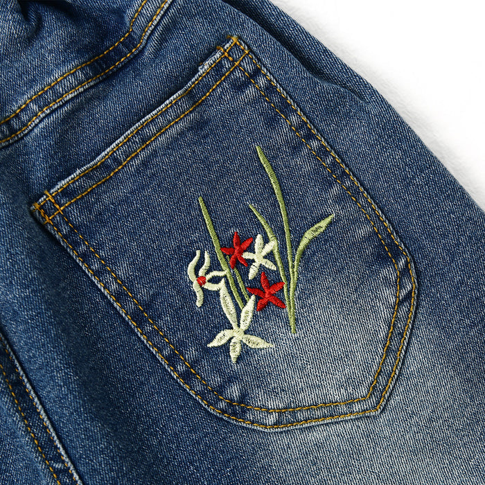 4-12T Girls Jeans, Ribbed Elastic Waist Embroidered Denim Pants