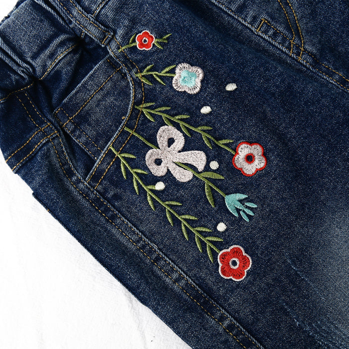 5-12T Girls Jeans, Ribbed Elastic Waist Embroidered Denim Pants