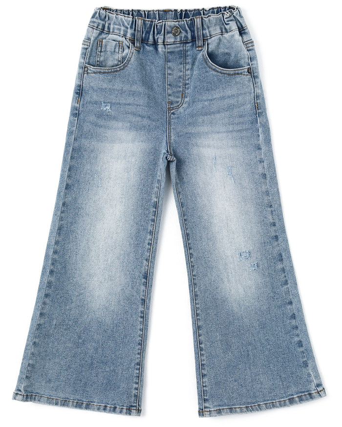5-13T Girls Wide Leg Jeans, Ribbed Elastic Waist Pull on Denim Pants