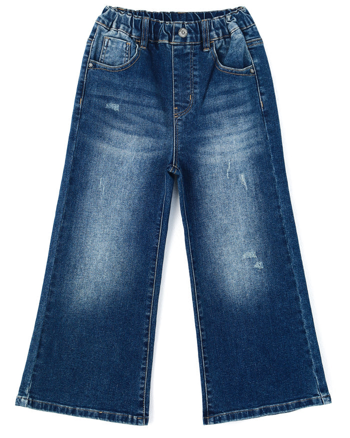 5-13T Girls Wide Leg Jeans, Ribbed Elastic Waist Pull on Denim Pants