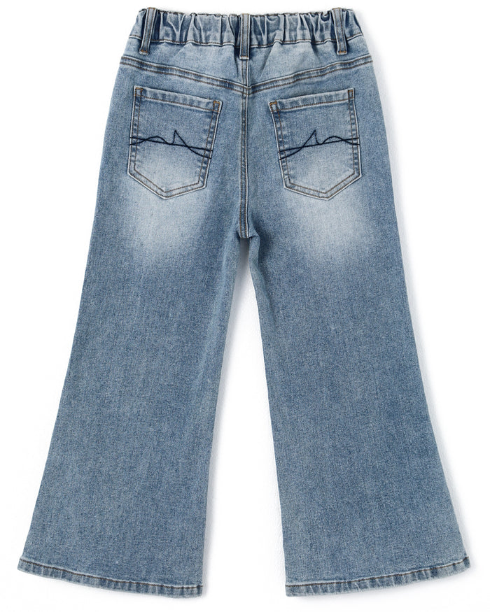 5-13T Girls Wide Leg Jeans, Ribbed Elastic Waist Pull on Denim Pants