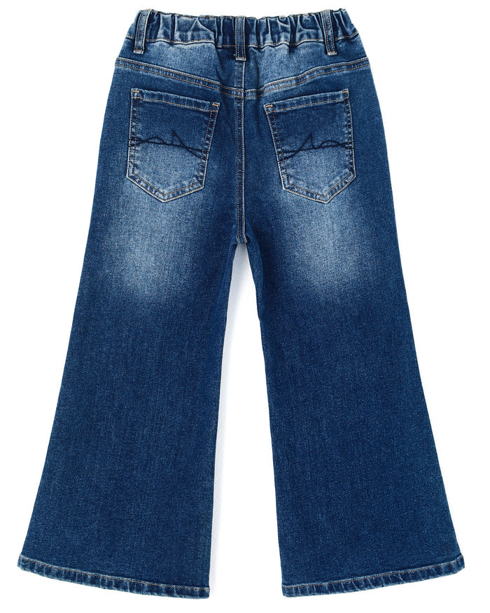 5-13T Girls Wide Leg Jeans, Ribbed Elastic Waist Pull on Denim Pants