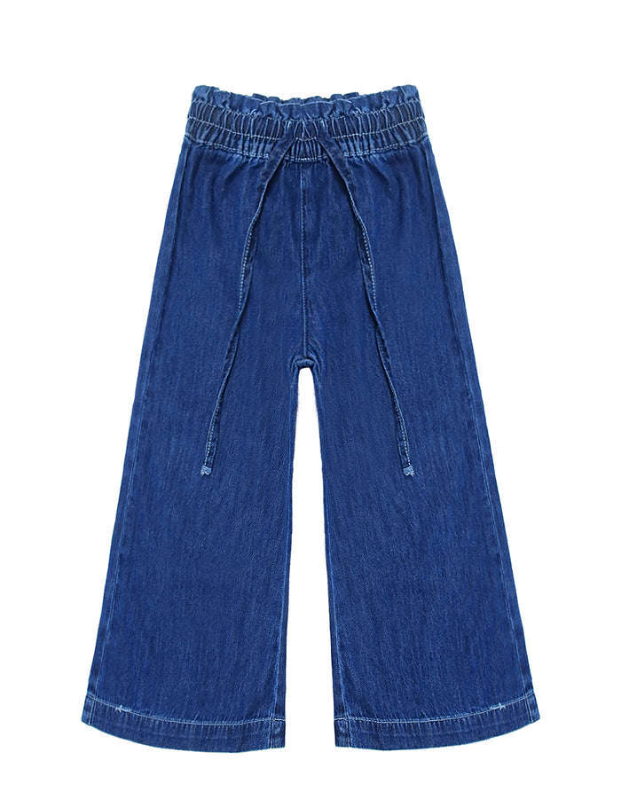 5-14T Girls Thin Denim Pants, Wide-Leg Ribbed Elastic Waistband Jeans