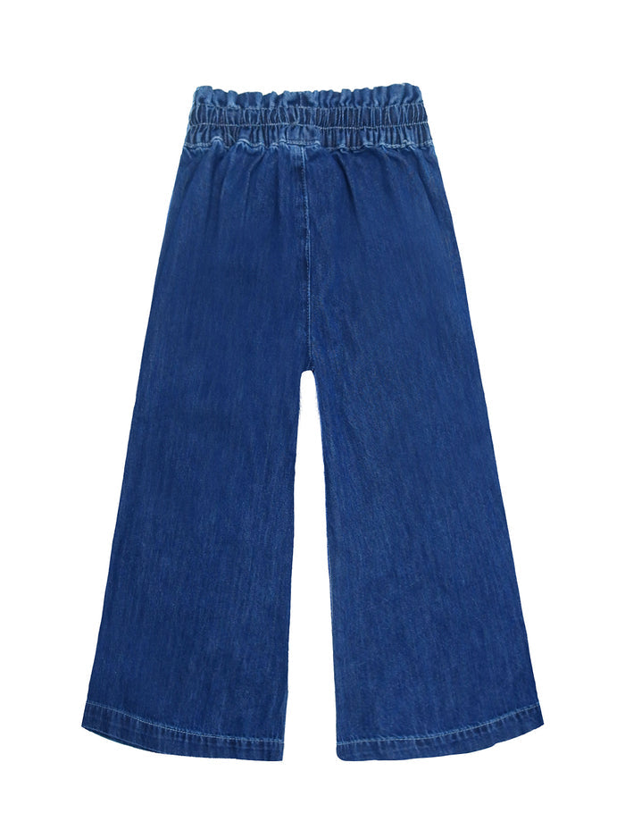 5-14T Girls Thin Denim Pants, Wide-Leg Ribbed Elastic Waistband Jeans
