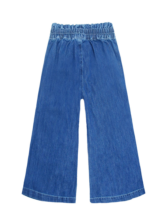 5-14T Girls Thin Denim Pants, Wide-Leg Ribbed Elastic Waistband Jeans