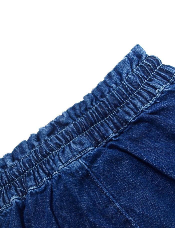 5-14T Girls Thin Denim Pants, Wide-Leg Ribbed Elastic Waistband Jeans