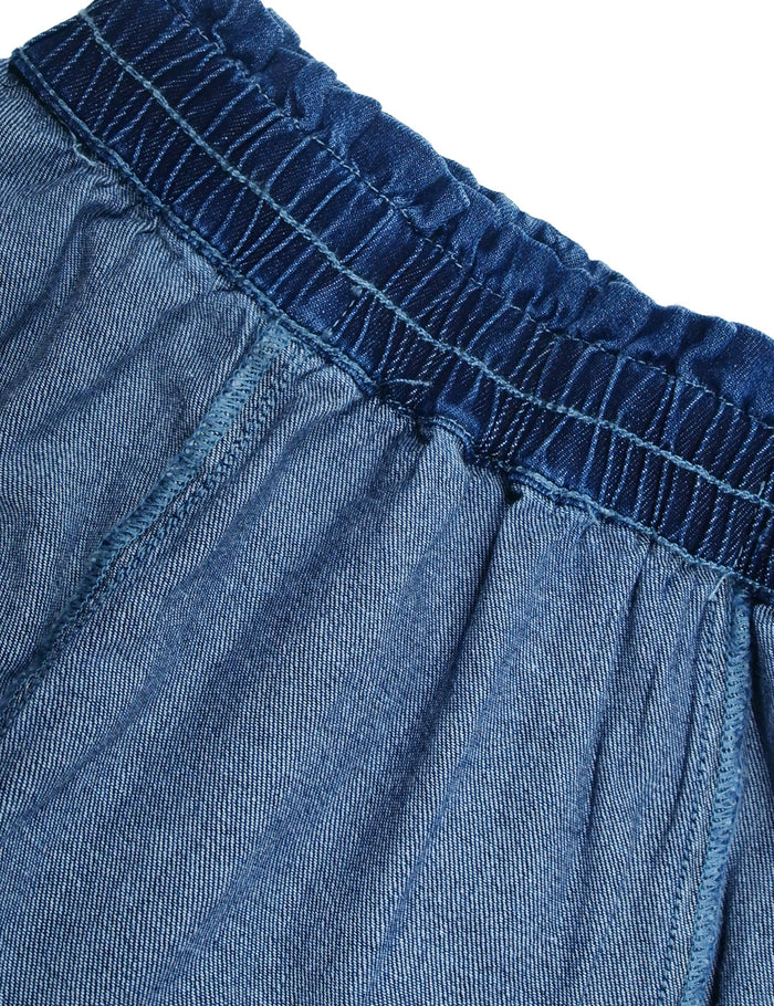 5-14T Girls Thin Denim Pants, Wide-Leg Ribbed Elastic Waistband Jeans