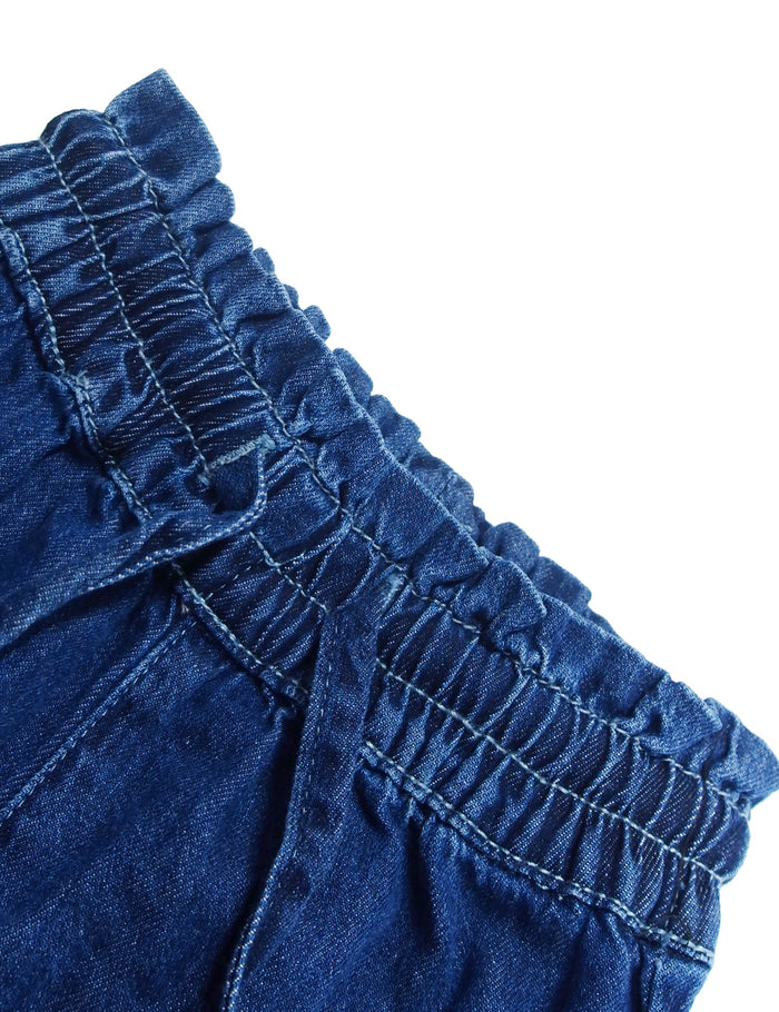 5-14T Girls Thin Denim Pants, Wide-Leg Ribbed Elastic Waistband Jeans