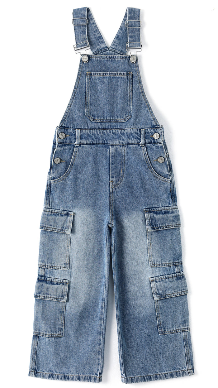 6-13T Girls’ Denim Cargo Overalls, Wide Leg Jean Dungarees