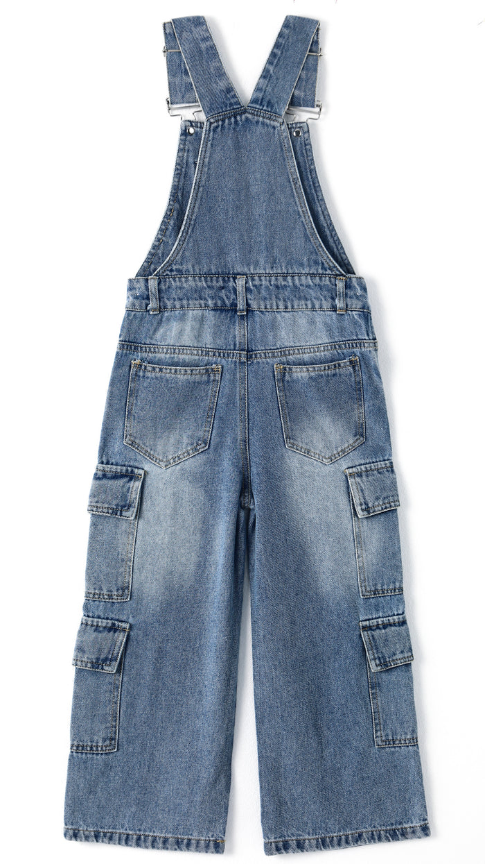 6-13T Girls’ Denim Cargo Overalls, Wide Leg Jean Dungarees