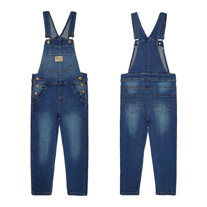 6-14T Girls Denim Overalls, Elastic Band Inside Flap Pockets Soft Stretchy Jeans Jumpsuit