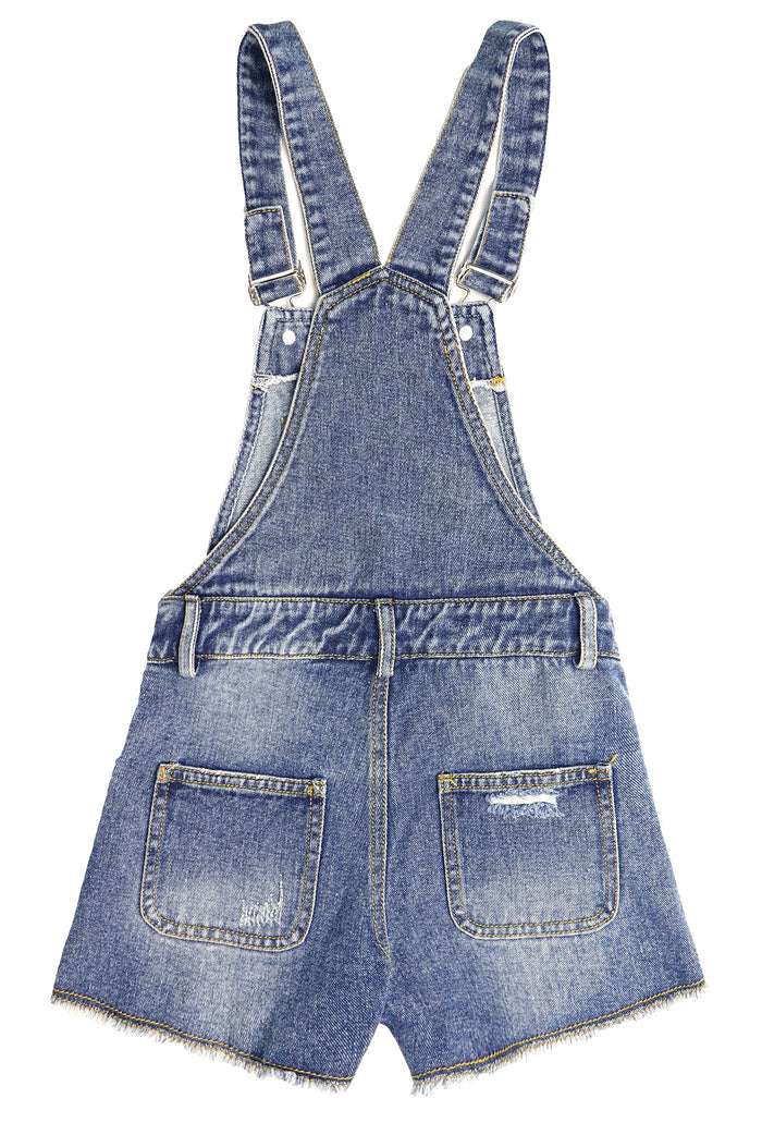6-14T Girls Denim Shotalls, Damaged Fashion Raw Edge Hem Jeans Summer Shorts