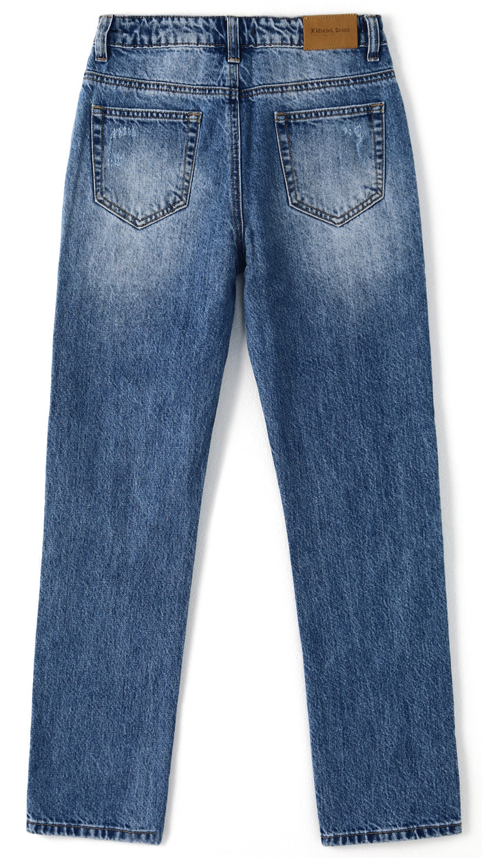 6-14T Girls Jeans,Elastic Band Inside Ripped Holes Denim Pants