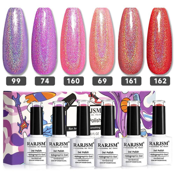 RARJSM ® Purple red pink 6 ColorsHolographic Nail Gel Polish Set